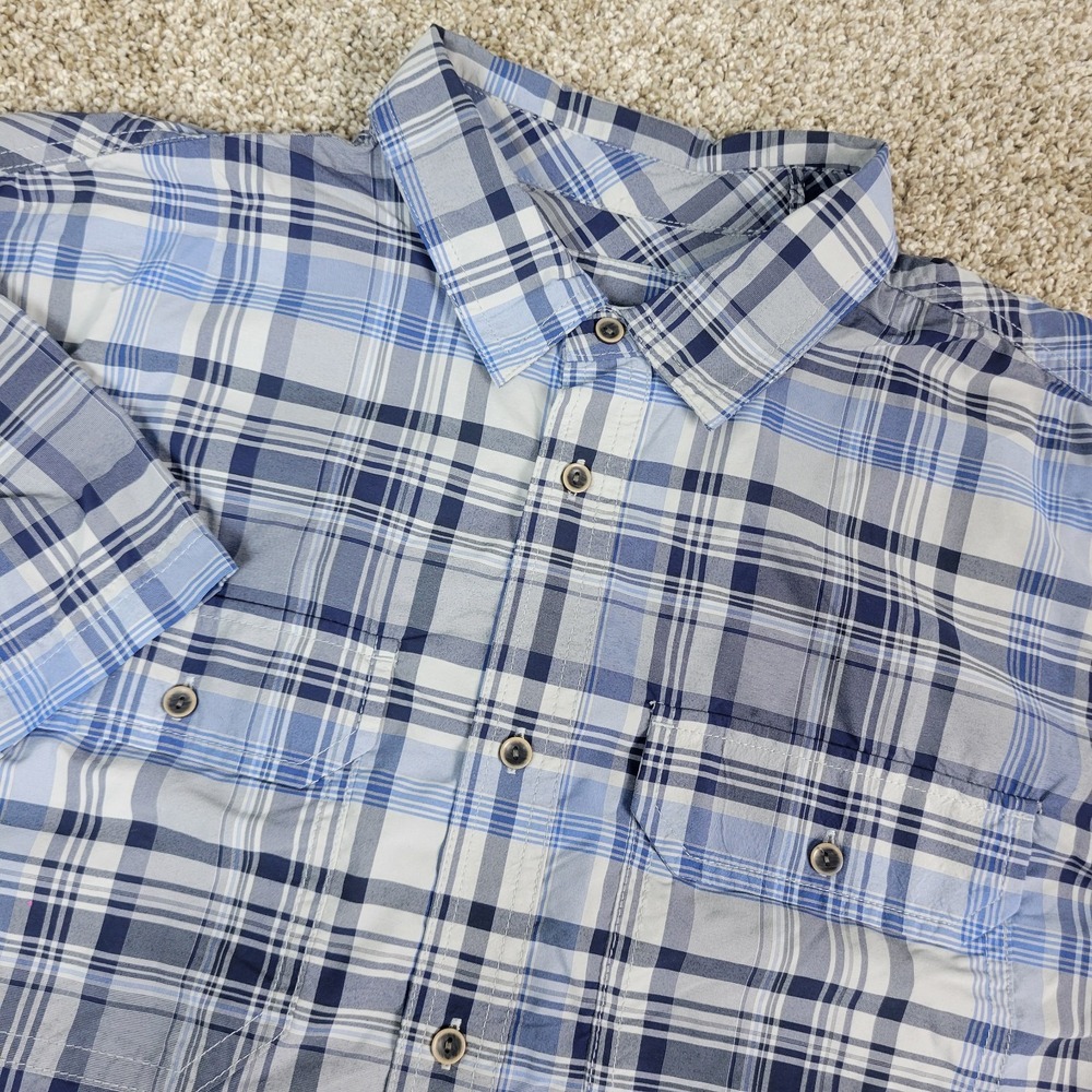 Prana Mens Medium Blue Plaid Button Up Short Sleeve Workshirt